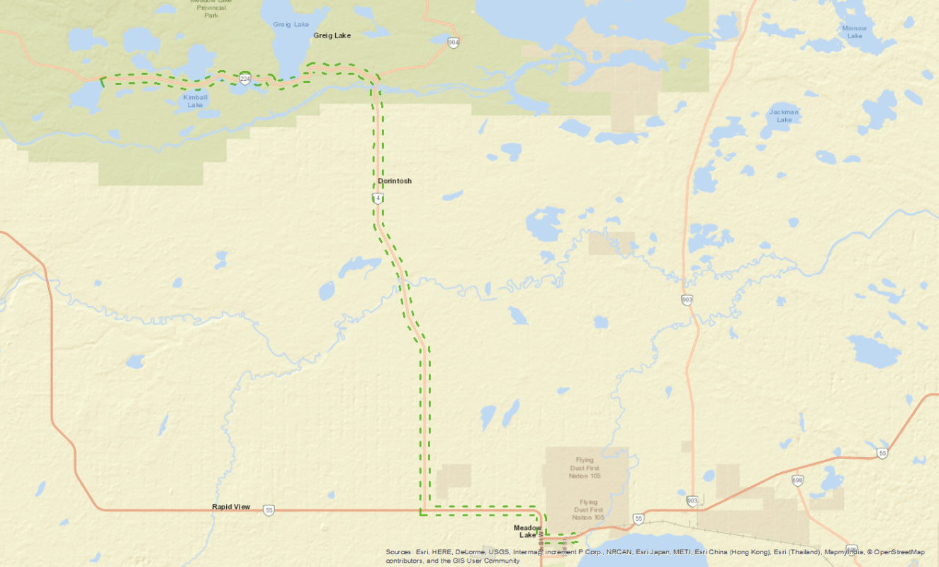 Small map of Vivian Lake Haul Route East on Highway 224 and south on Highway 4 to Meadow Lake